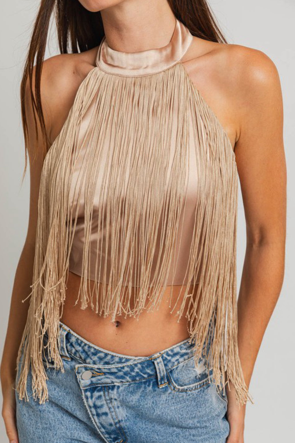 HALTER CROP FRINGE TOP