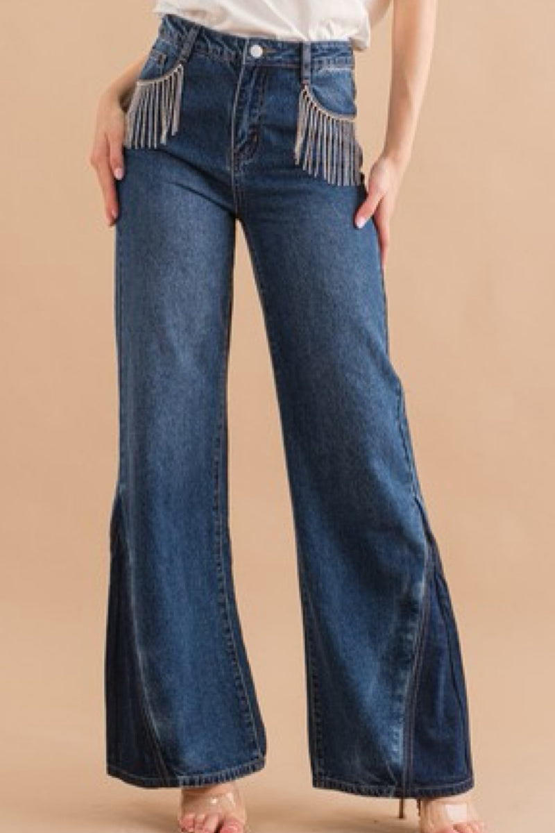 RHINESTONE POCKET FRINGE DENIM