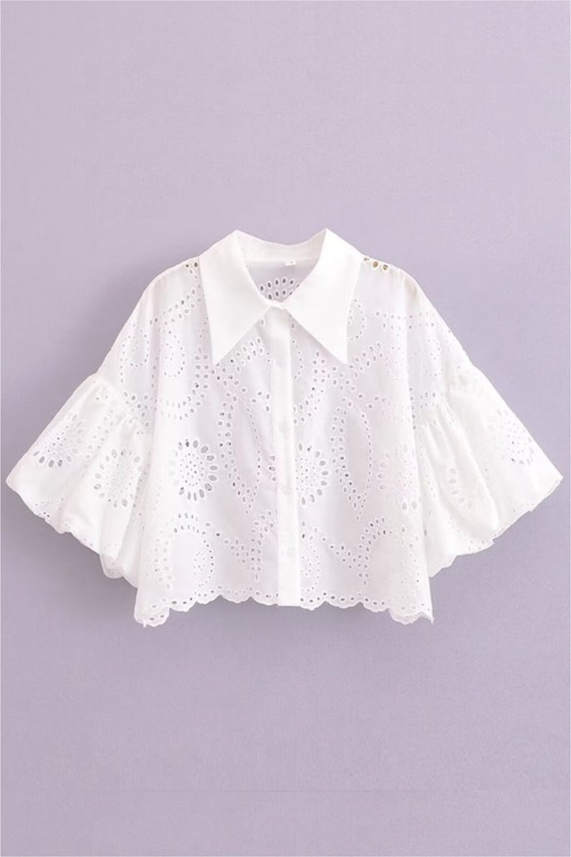 EYELET BELL SLEEVE TOP