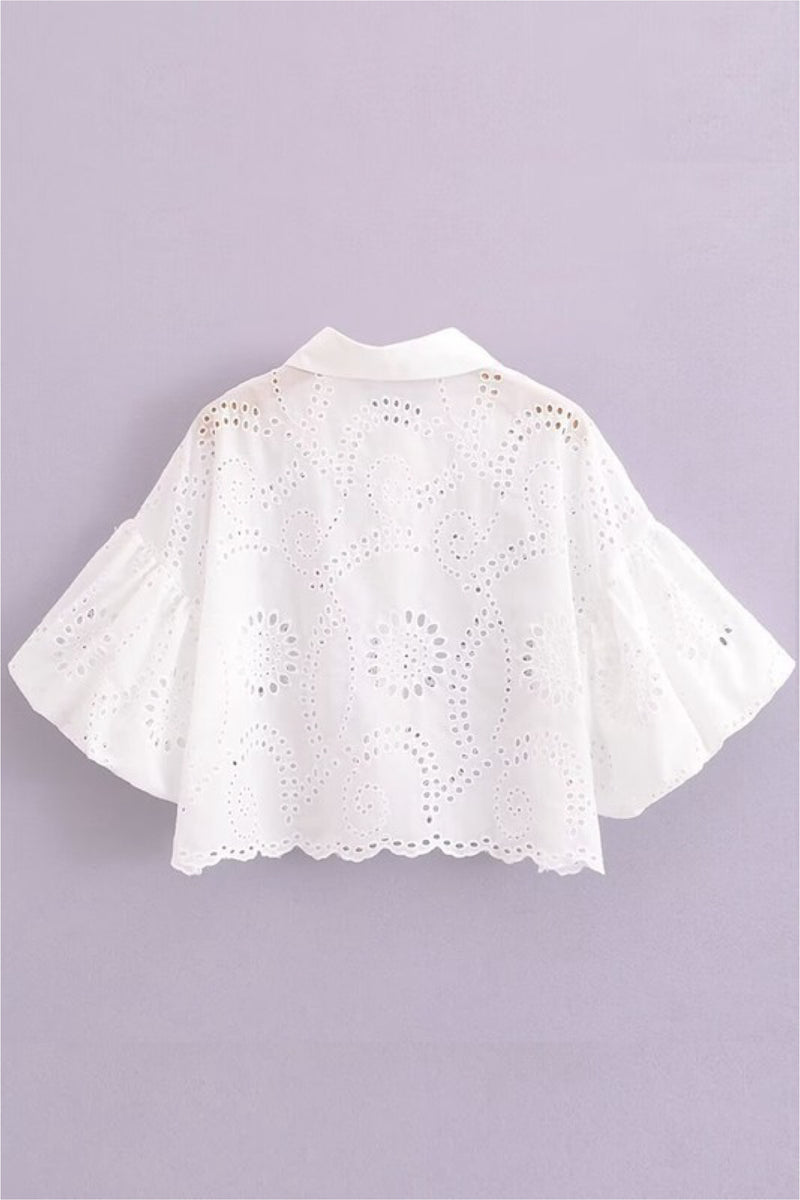 EYELET BELL SLEEVE TOP