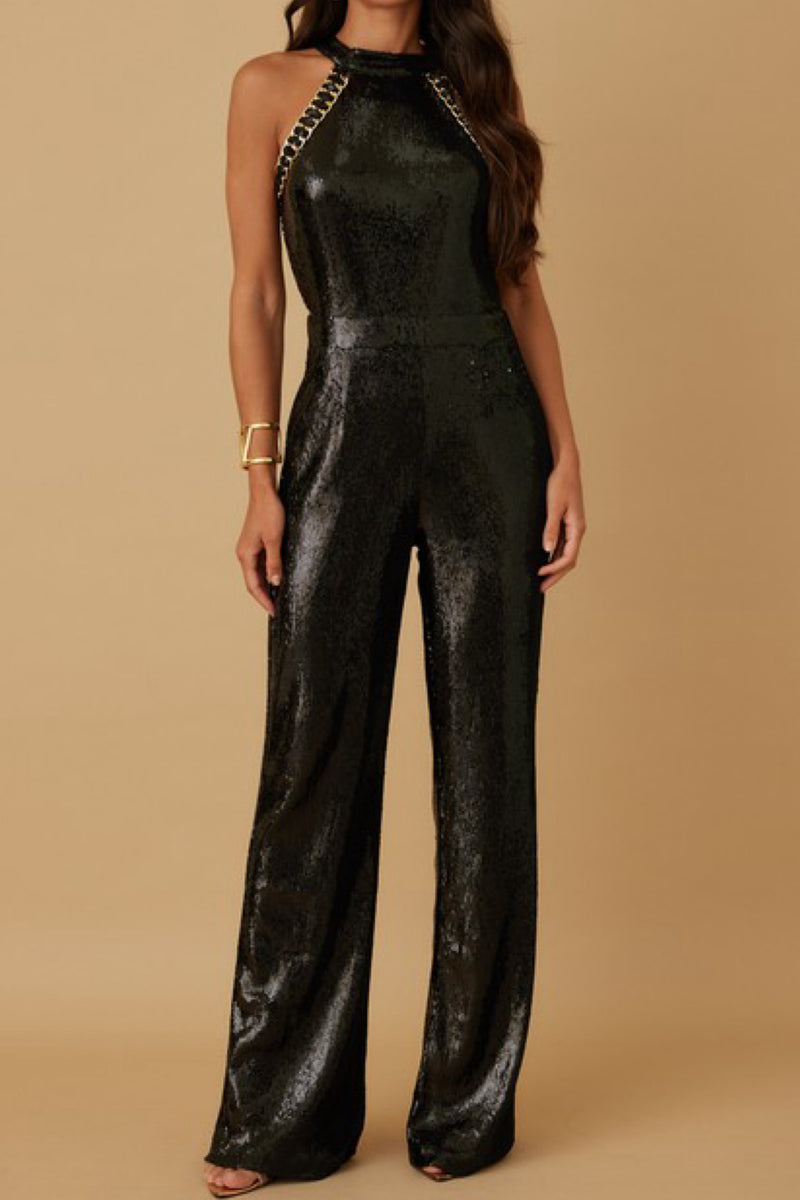 CHAIN DETAIL SEQUIN JUMPSUIT