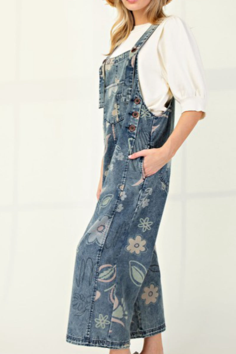 FLORAL PRINT DENIM JUMPSUIT