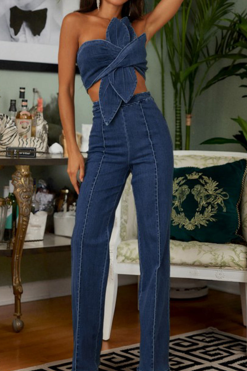 ONE SHOULDER FLOWER DENIM SET