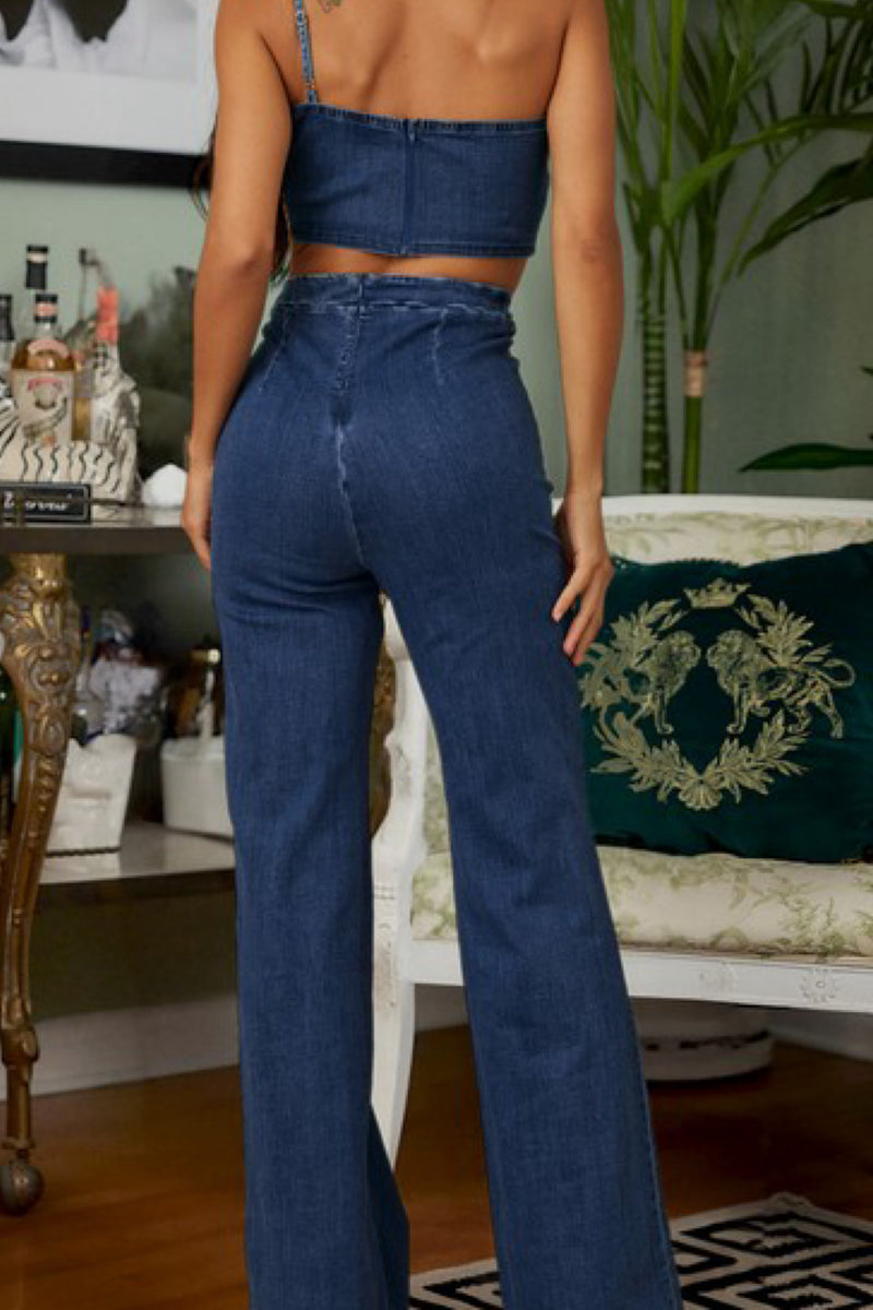 ONE SHOULDER FLOWER DENIM SET