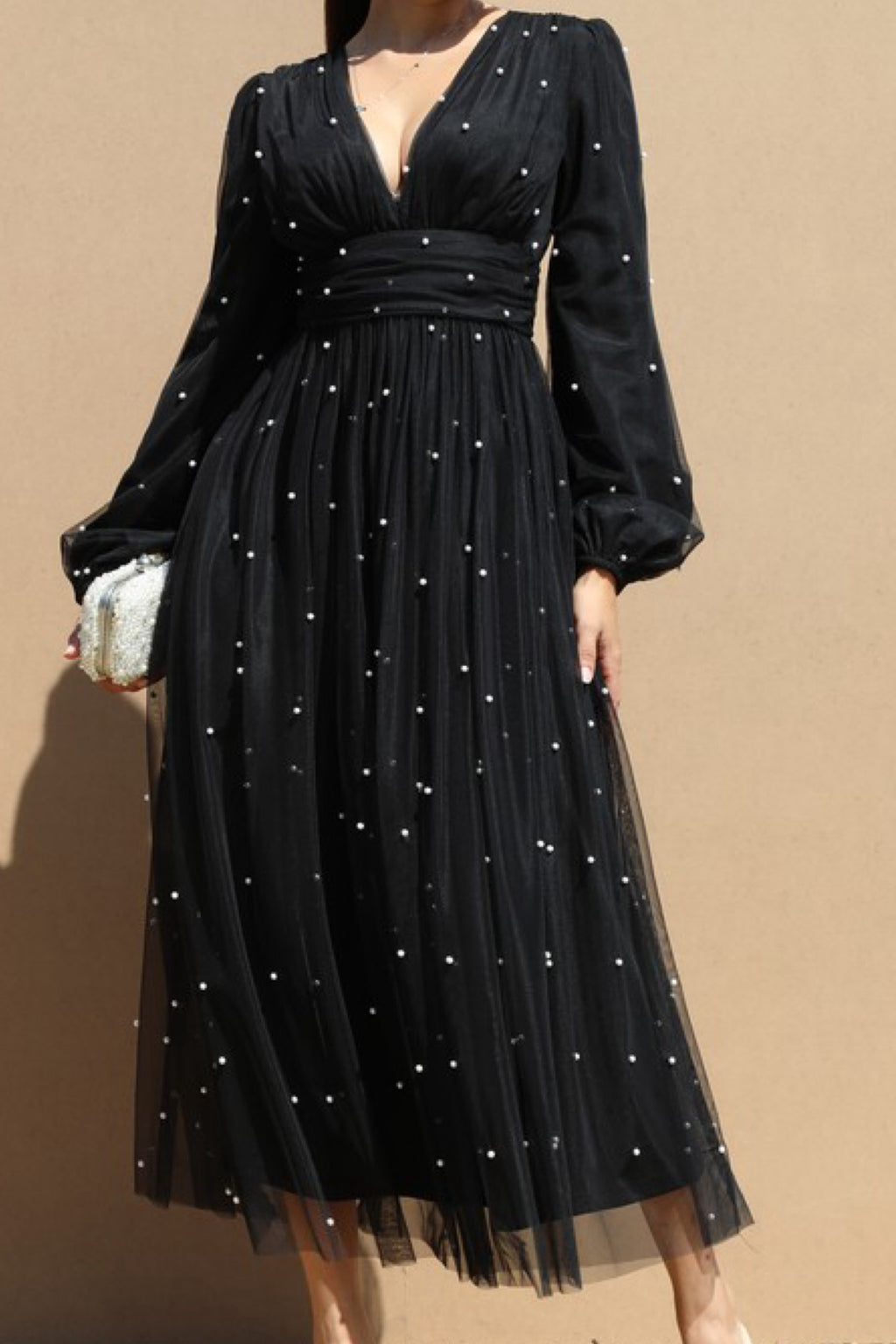 PEARLS ON MESH MAXI DRESS