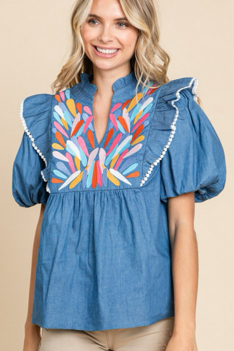 BABY DOLL EMBROIDERY DENIM TOP