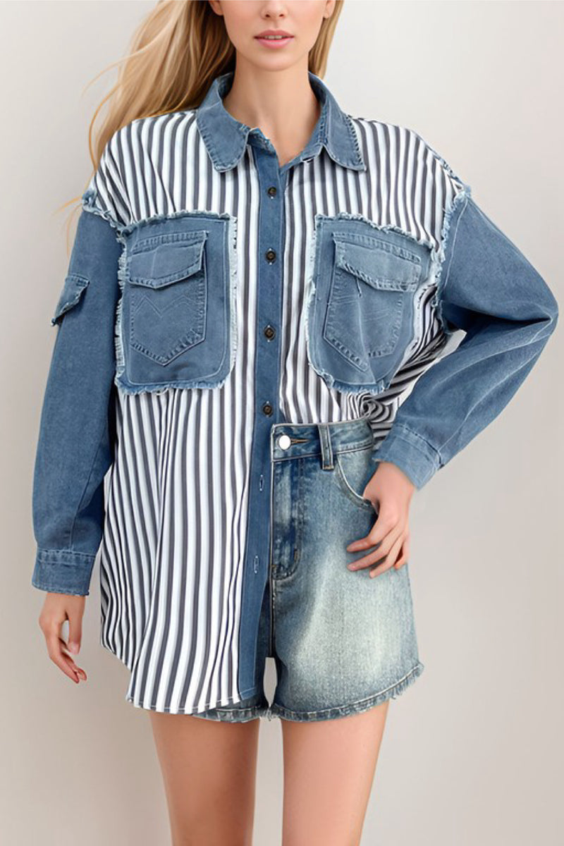 DENIM CONTRAST STRIPED TOP