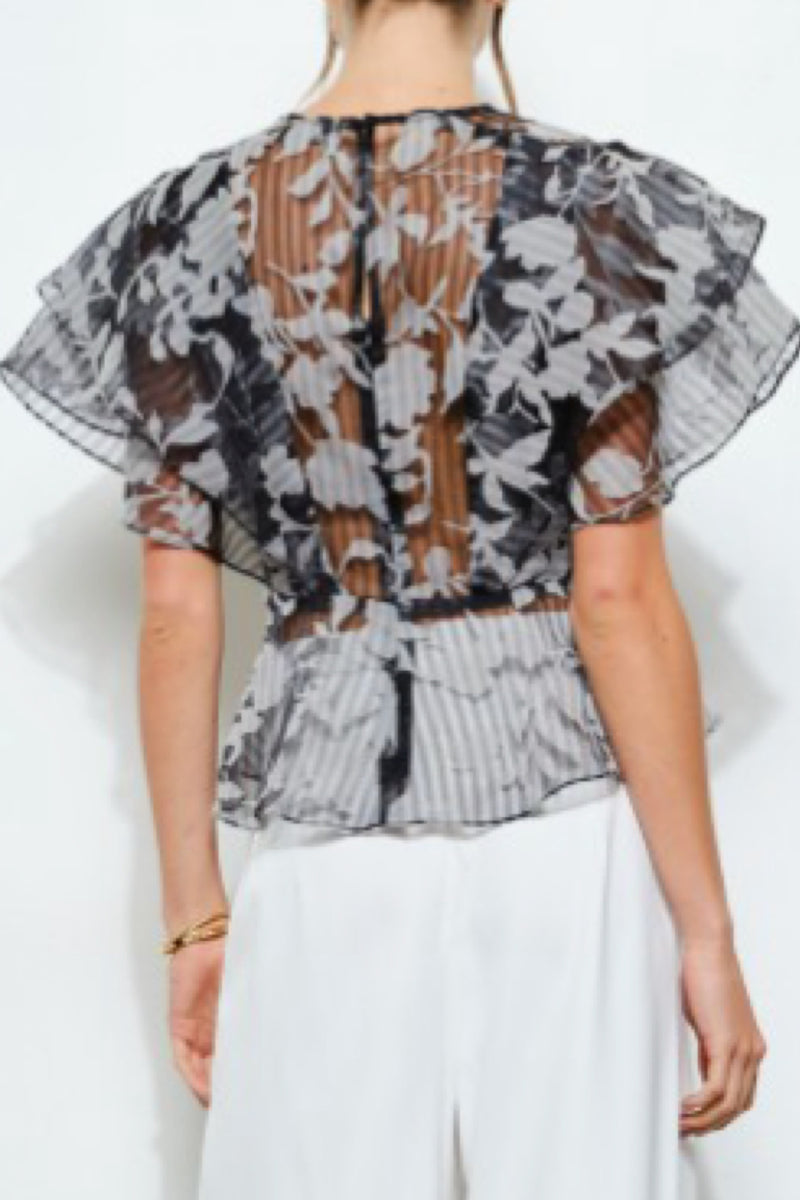 STRIPES & FLOWERS SHEER TOP