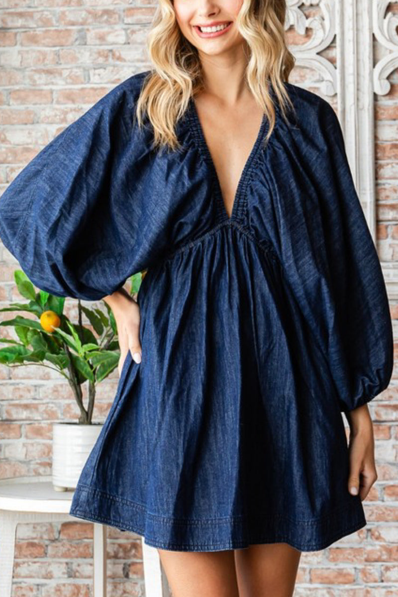 DEEP V DENIM MINI DRESS