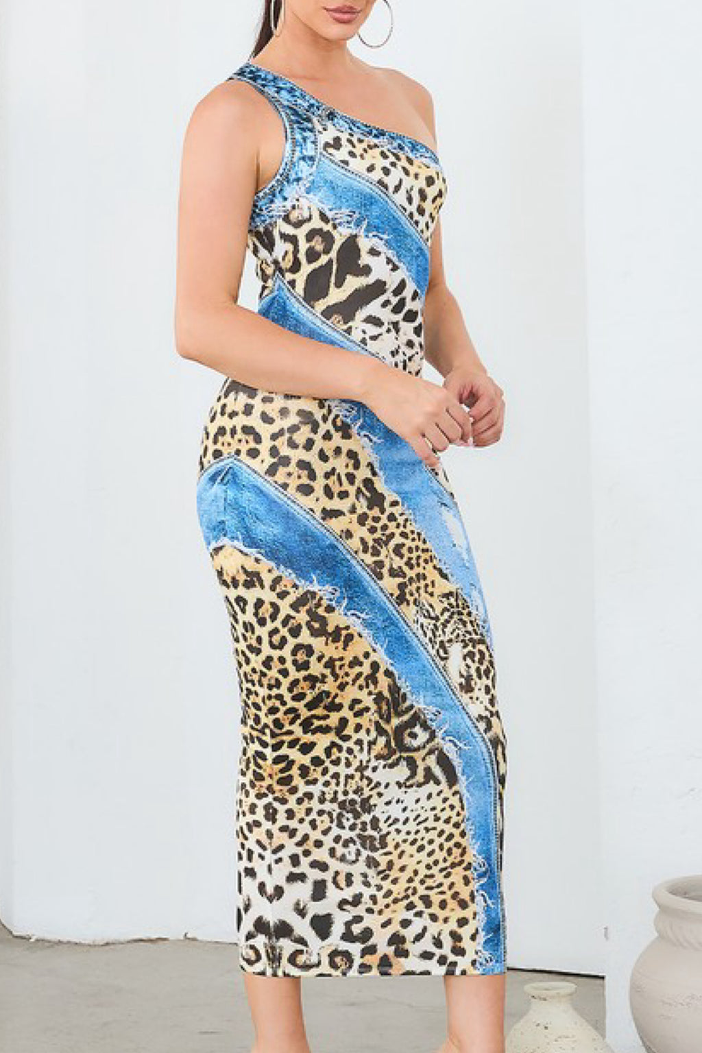 DENIM EFFECT LEOPARD DRESS