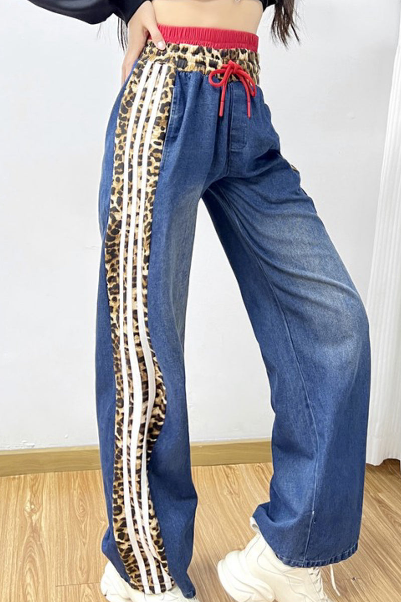 HIGH WAIST LEOPARD TRIM DENIM