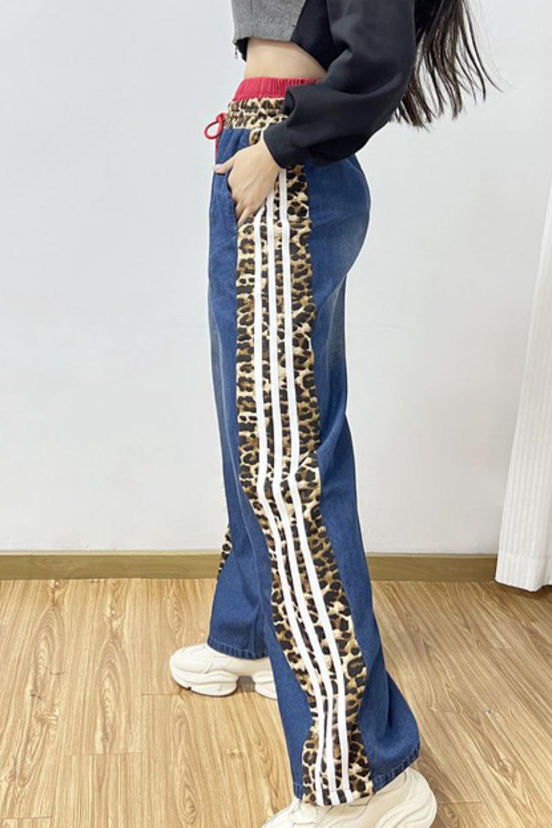 HIGH WAIST LEOPARD TRIM DENIM