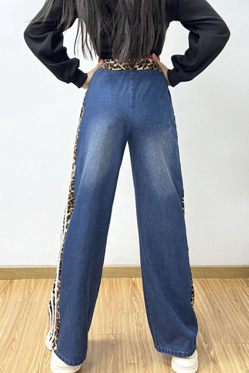 HIGH WAIST LEOPARD TRIM DENIM