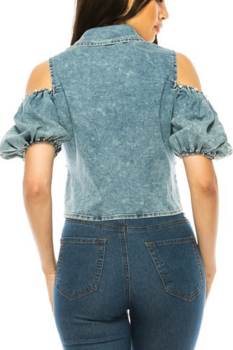 COLD SHOULDER DENIM TOP