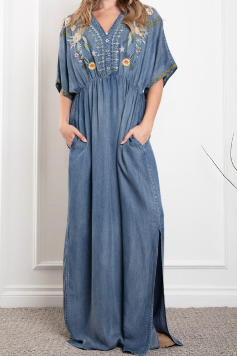 DENIM EMBROIDERED MAXI DRESS