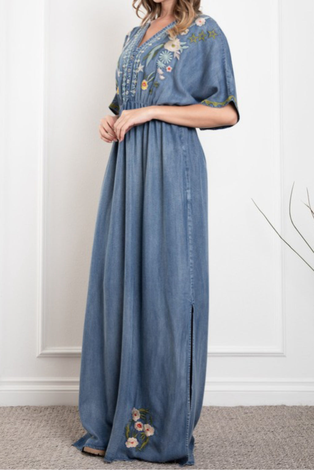 DENIM EMBROIDERED MAXI DRESS