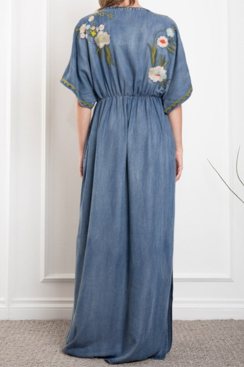 DENIM EMBROIDERED MAXI DRESS