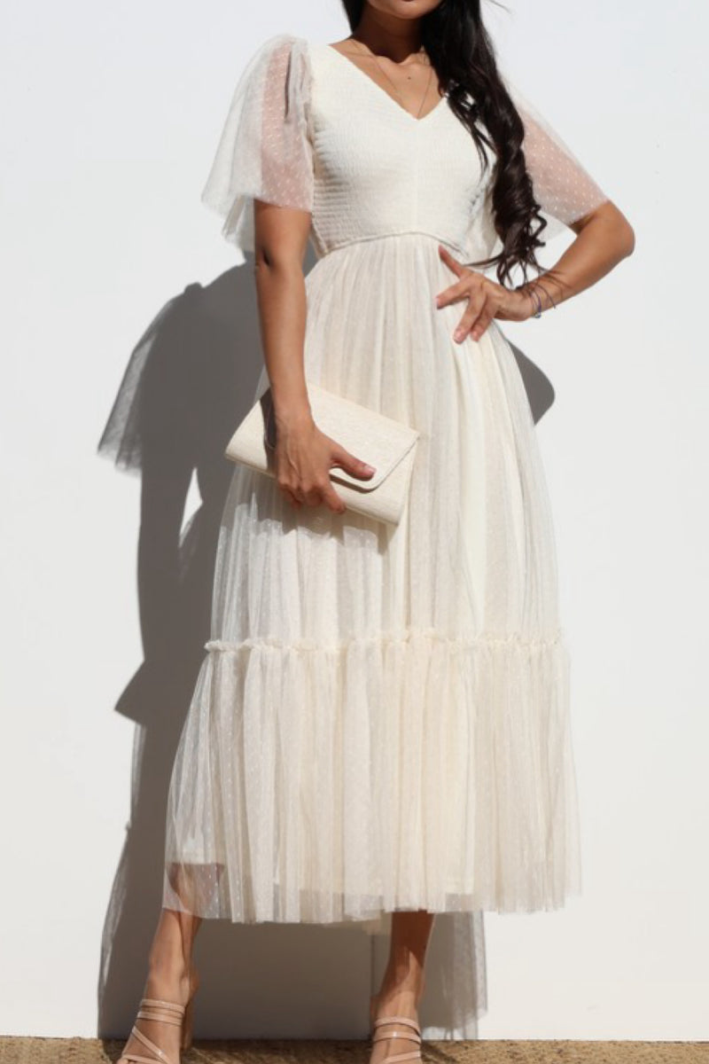 RUFFLED MESH MAXI DRESS