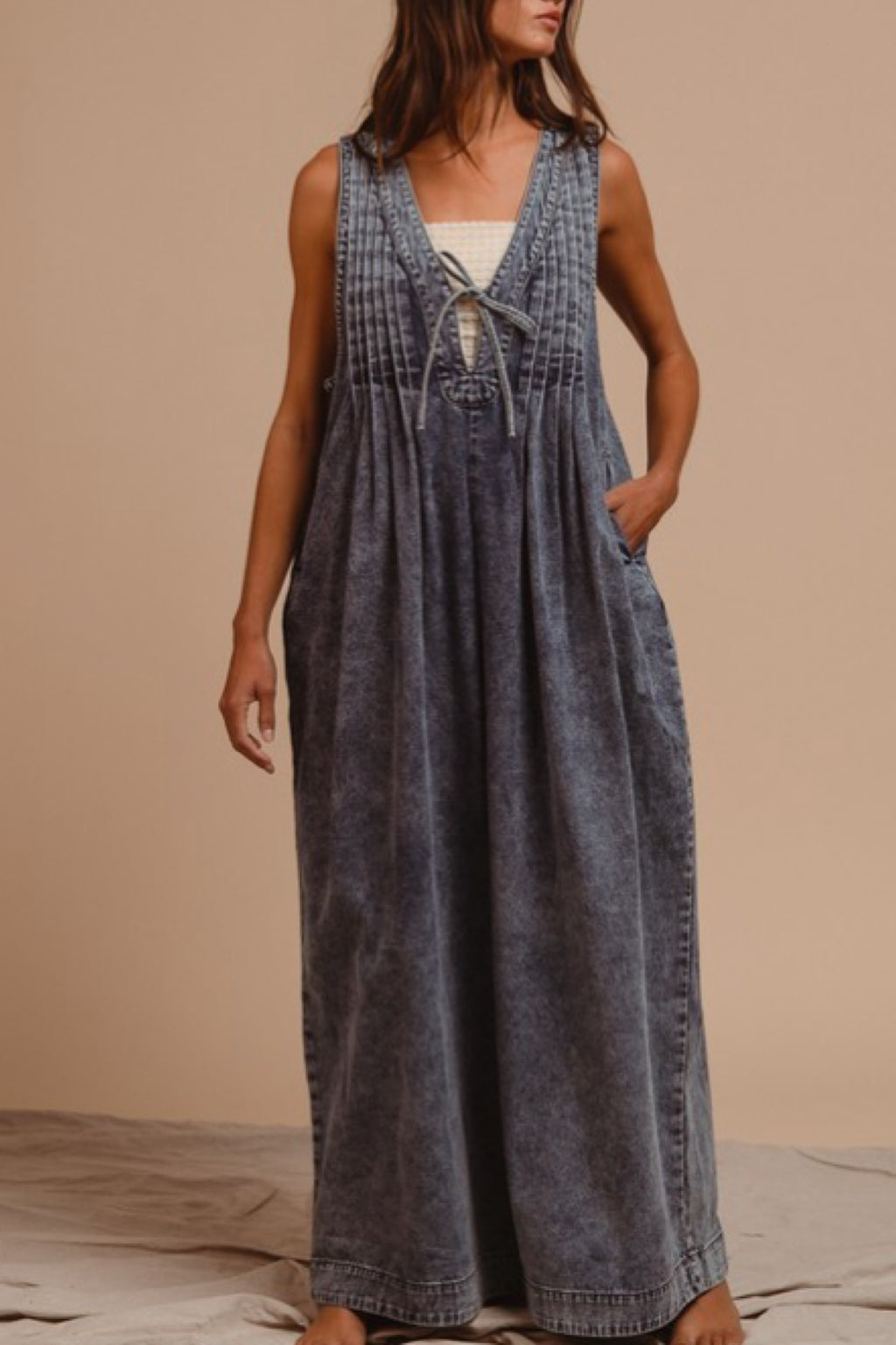 PINTUCK & TIE DENIM JUMPSUIT