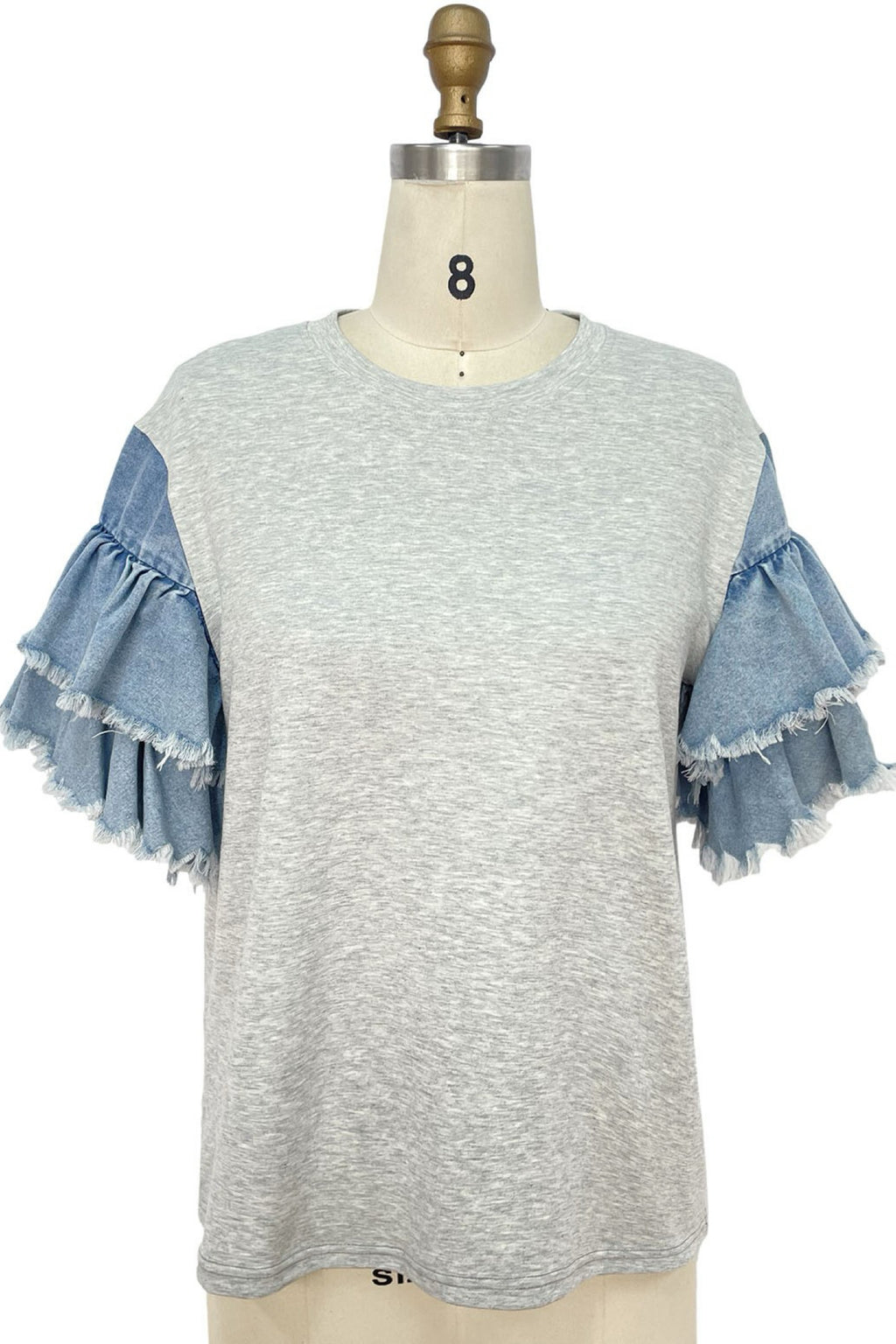 CONTRAST DENIM RUFFLE SLEEVES TOP