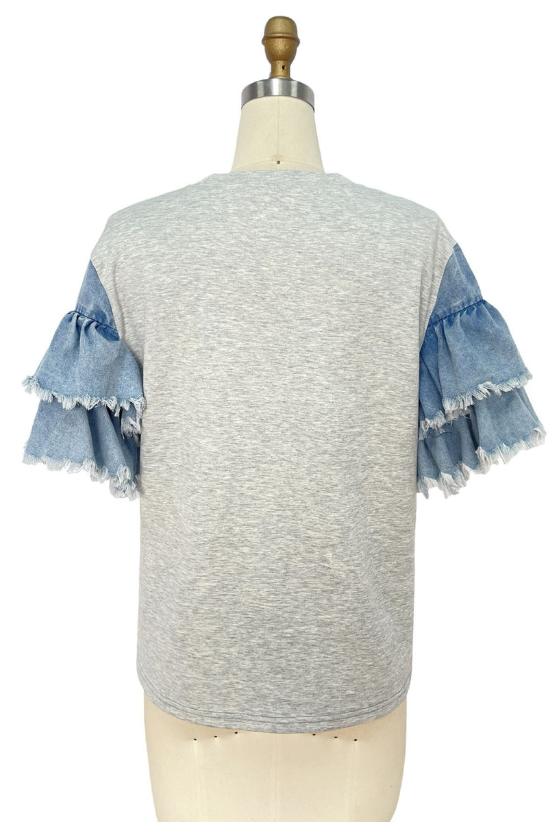 CONTRAST DENIM RUFFLE SLEEVES TOP