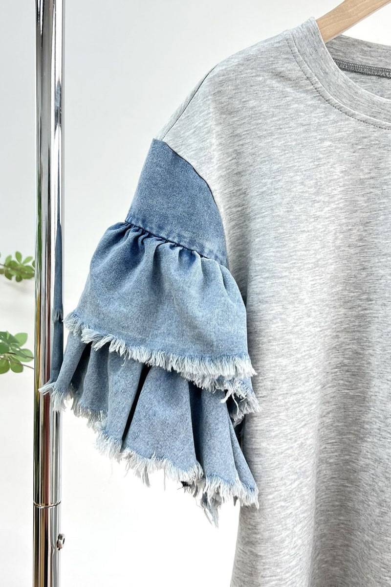 CONTRAST DENIM RUFFLE SLEEVES TOP