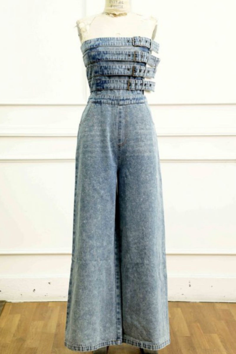 BUCKLE BELTS DENIM JUMPSUIT