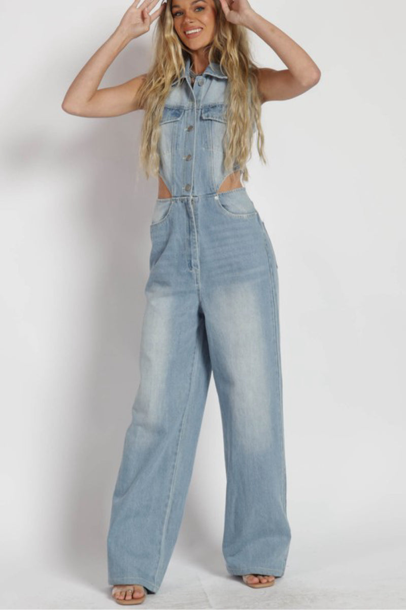 CUT OUT DENIM JUMPSUIT