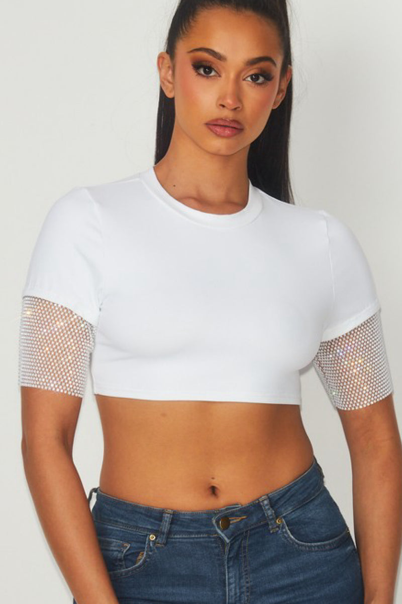 JEWELED SLEEVE CROP TOP