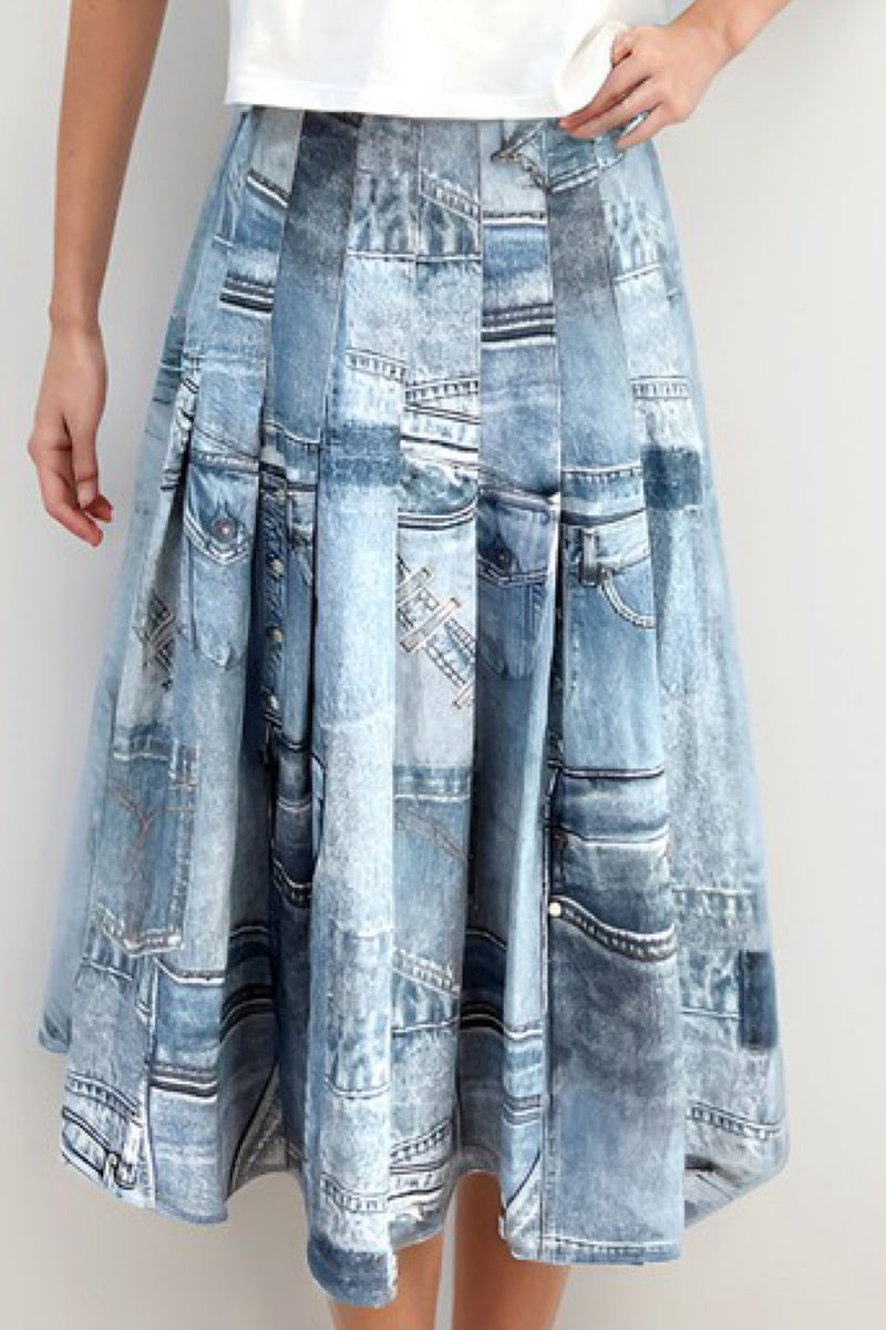 DENIM PRINT MIDI SKIRT