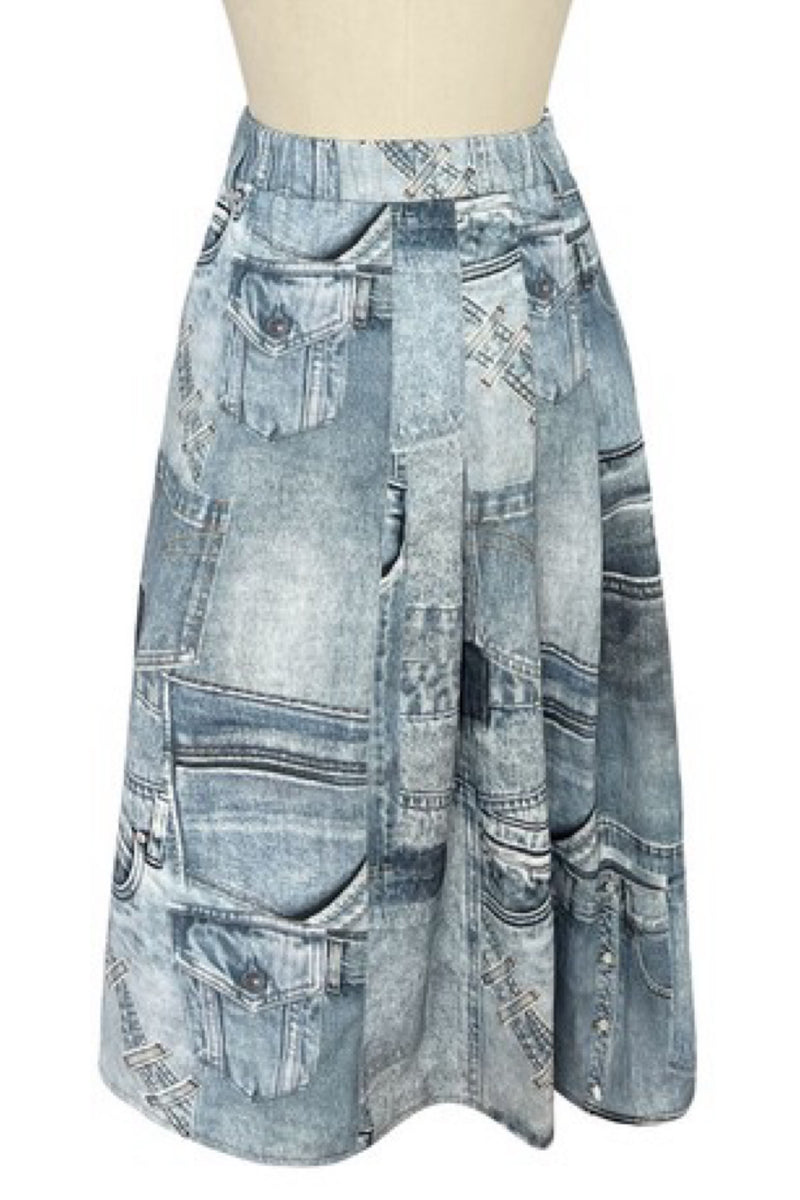 DENIM PRINT MIDI SKIRT