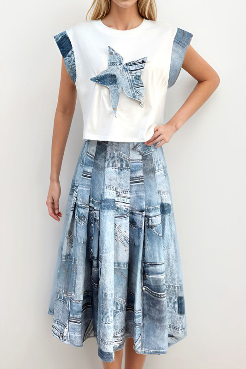 DENIM PRINT MIDI SKIRT