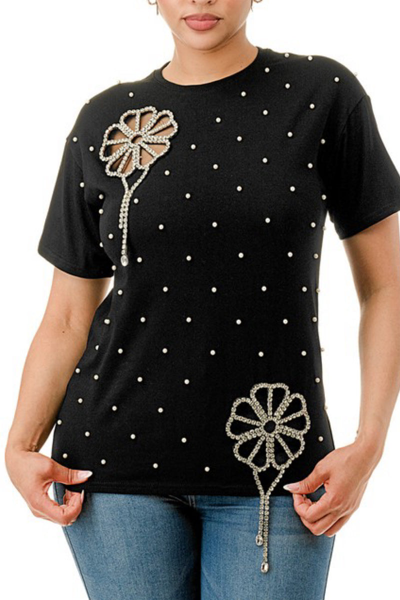 FLOWERS BLIN & PEARLS TOP