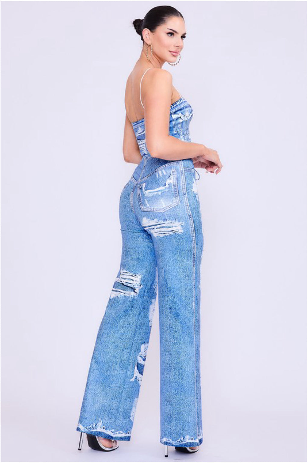 DENIM EFFECT CROP TOP SET