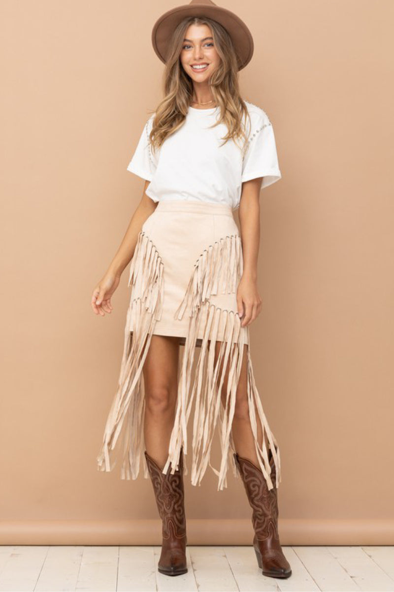 SUEDE EYELET & FRINGE SKIRT