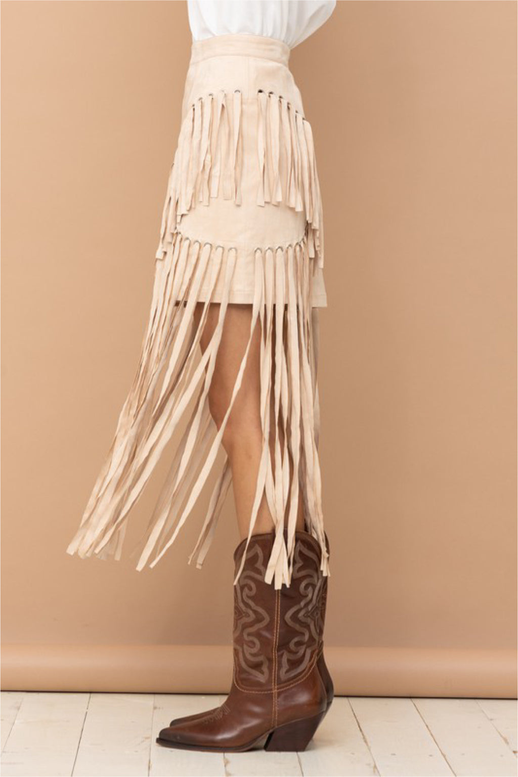 SUEDE EYELET & FRINGE SKIRT