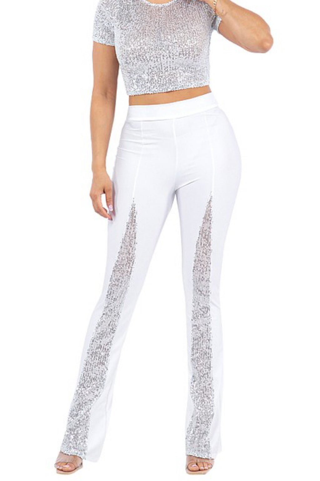 CONTRAST SEQUIN FLARE PANTS