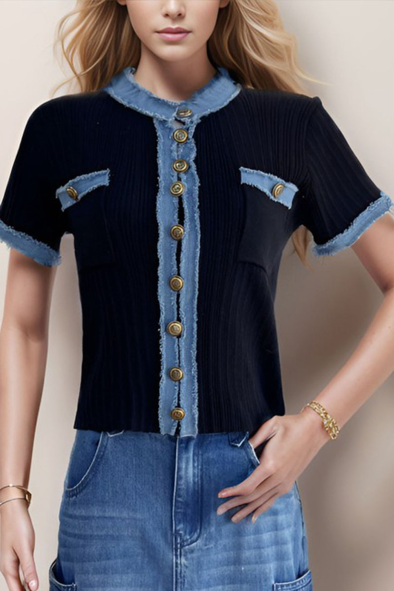 KNIT WITH DENIM TOP