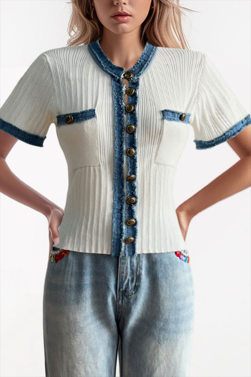 KNIT WITH DENIM TOP