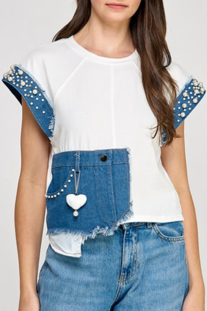 DENIM COLOR BLOCK T SHIRT