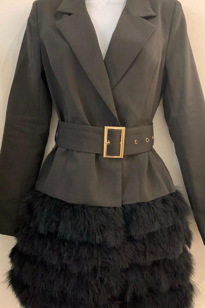 BLAZER DRESS WITH FEATHERED SKIRT