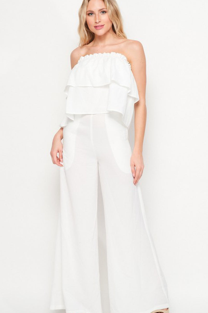 STRAPLESS RUFFLE TOP JUMPSUIT