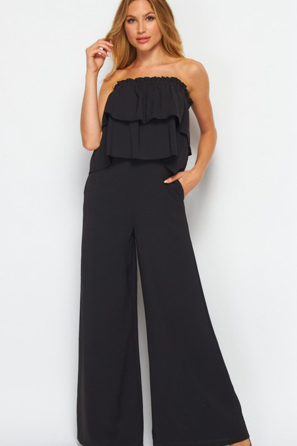 STRAPLESS RUFFLE TOP JUMPSUIT