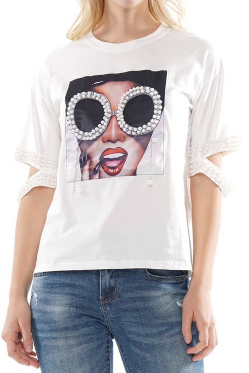 PEARLED SUNGLASS GIRL TEE