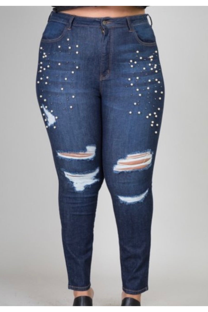 PLUS DENIM WITH PEARL DETAILS