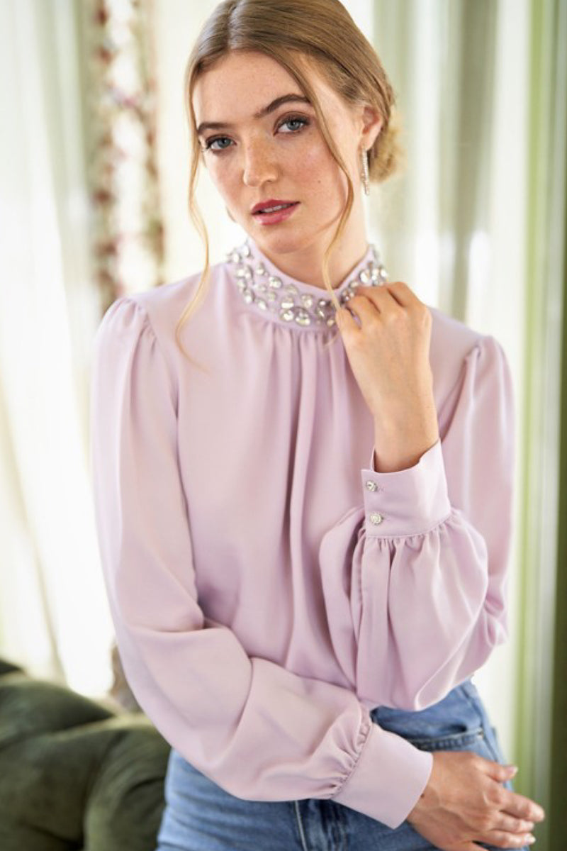 CHIC JEWELED NECK BLOUSE